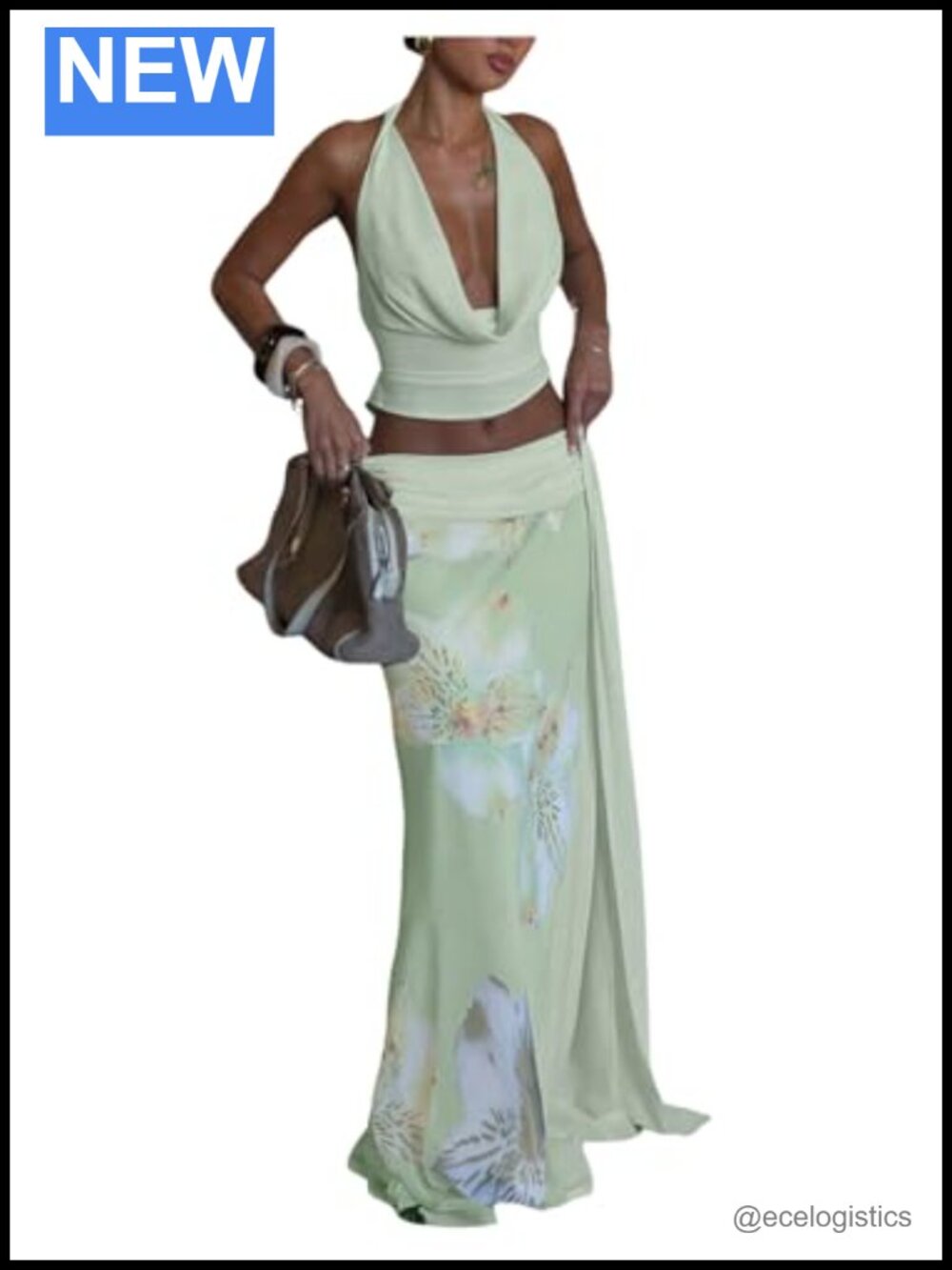 2 Piece Tie Back Halter Crop Top and Maxi Skirt Set Women Skirt Set